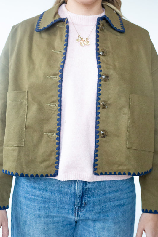 Olive Jacket with Contrast Stitching