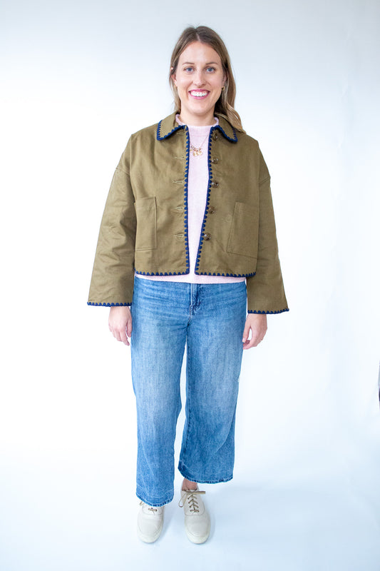 Olive Jacket with Contrast Stitching